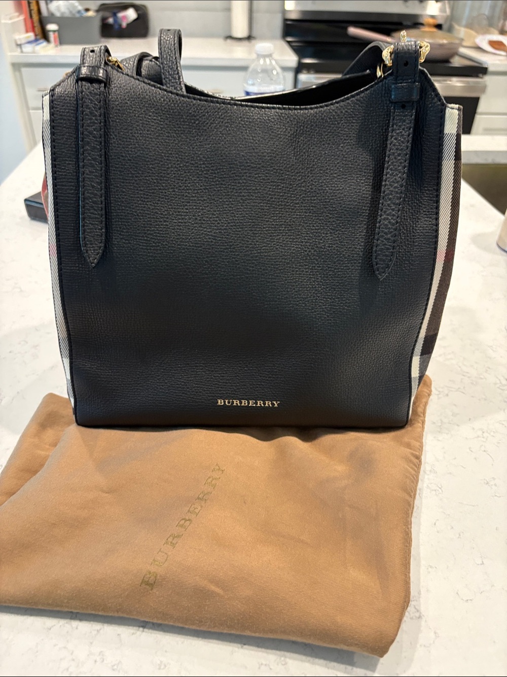 Burberry Black Leather Shoulder Bag with Signature Check Sides